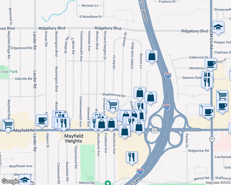 map of restaurants, bars, coffee shops, grocery stores, and more near 1324 Giesse Drive in Mayfield Heights