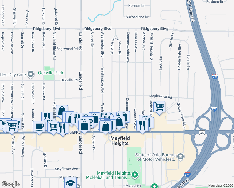 map of restaurants, bars, coffee shops, grocery stores, and more near 1319 West Miner Road in Mayfield Heights