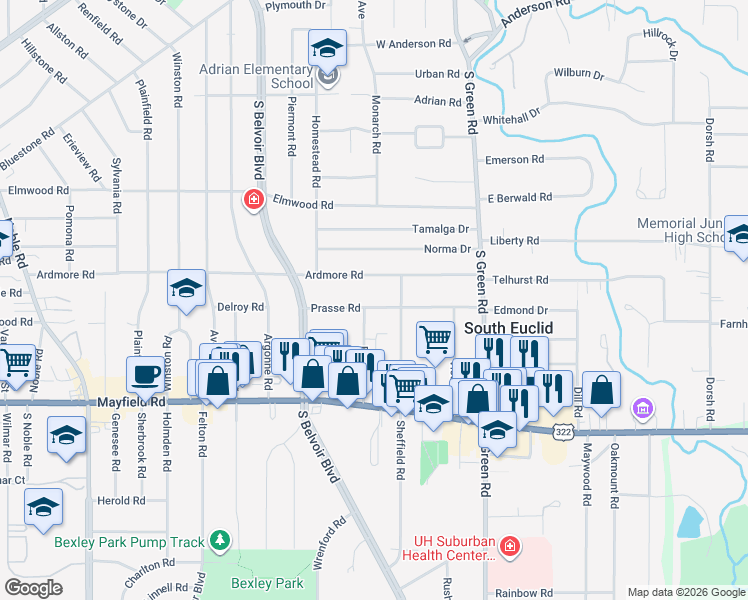 map of restaurants, bars, coffee shops, grocery stores, and more near 4350 Ardmore Road in South Euclid
