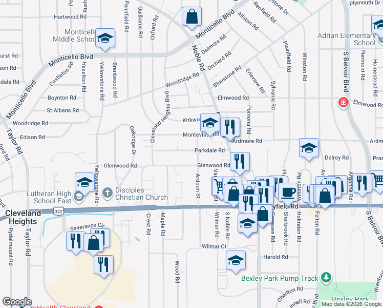 map of restaurants, bars, coffee shops, grocery stores, and more near 3851 Parkdale Road in Cleveland Heights