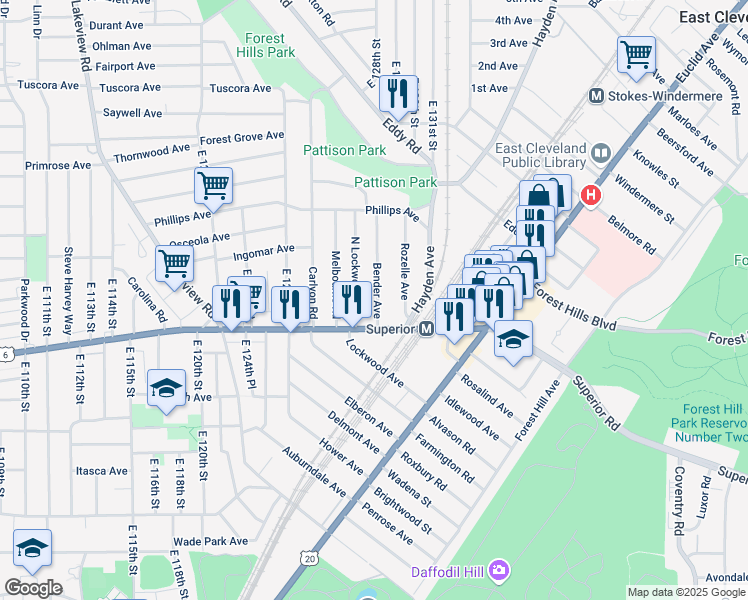 map of restaurants, bars, coffee shops, grocery stores, and more near 1253 Bender Avenue in East Cleveland