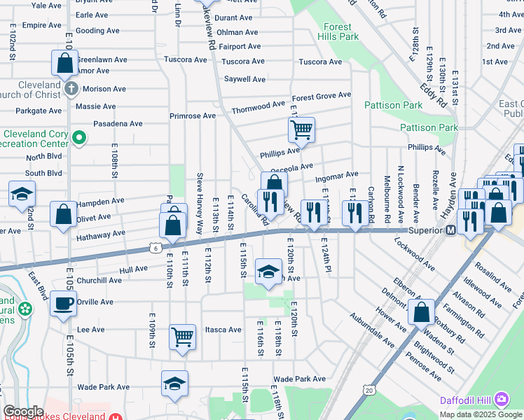 map of restaurants, bars, coffee shops, grocery stores, and more near 11905 Superior Avenue in Cleveland