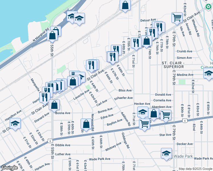map of restaurants, bars, coffee shops, grocery stores, and more near 1094 East 66th Street in Cleveland