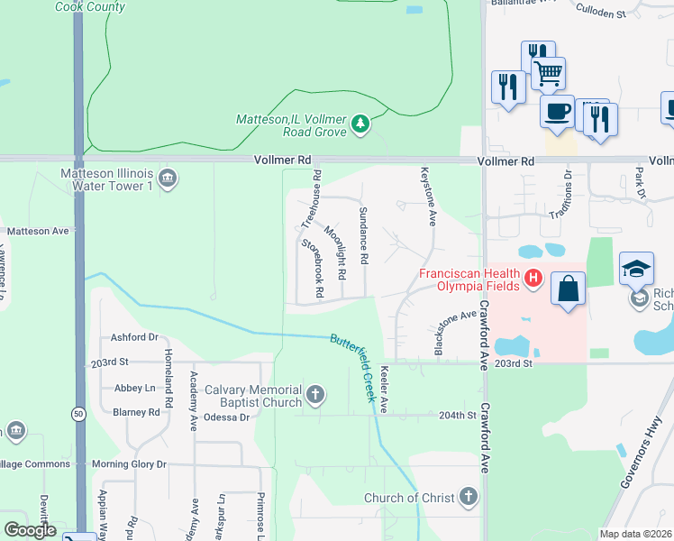 map of restaurants, bars, coffee shops, grocery stores, and more near 121 Moonlight Road in Matteson