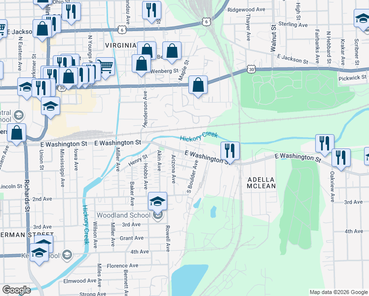 map of restaurants, bars, coffee shops, grocery stores, and more near 811 East Washington Street in Joliet