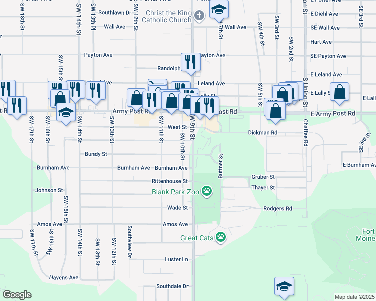 map of restaurants, bars, coffee shops, grocery stores, and more near in Des Moines