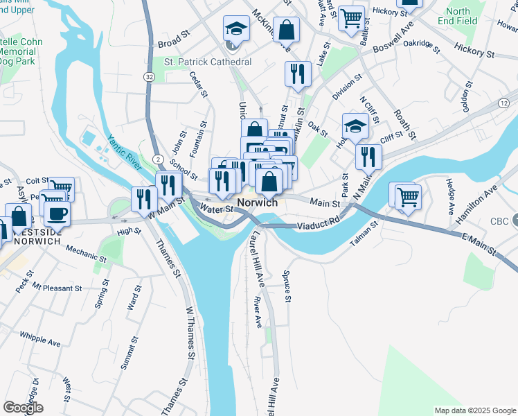 map of restaurants, bars, coffee shops, grocery stores, and more near in Norwich