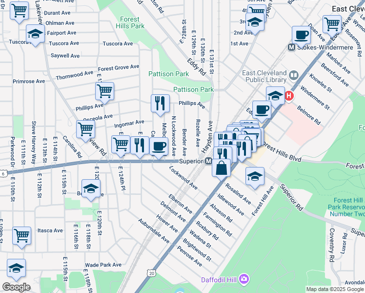 map of restaurants, bars, coffee shops, grocery stores, and more near 1253 Bender Avenue in East Cleveland