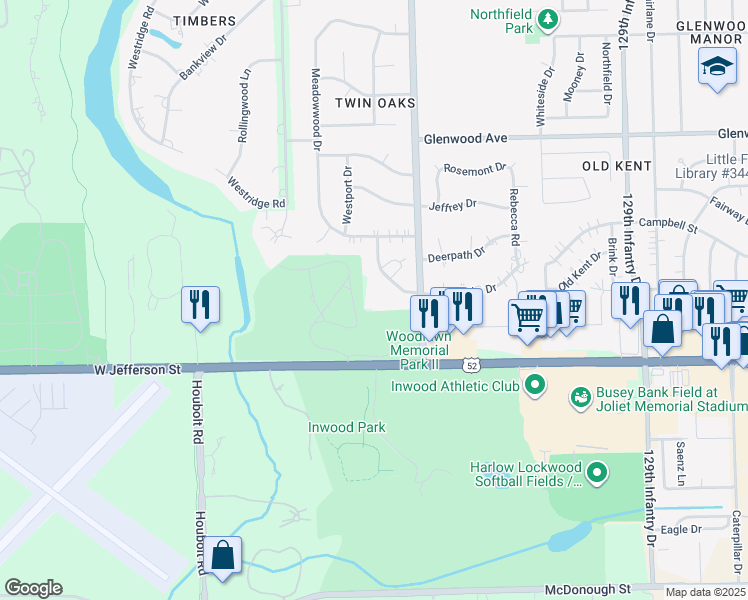 map of restaurants, bars, coffee shops, grocery stores, and more near 107 Twin Oaks Drive in Joliet