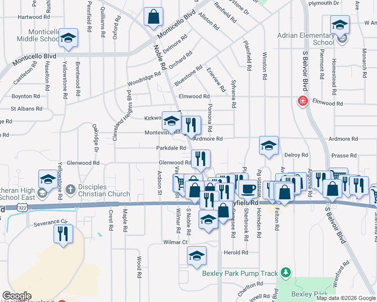 map of restaurants, bars, coffee shops, grocery stores, and more near 2855 Noble Road in Cleveland Heights