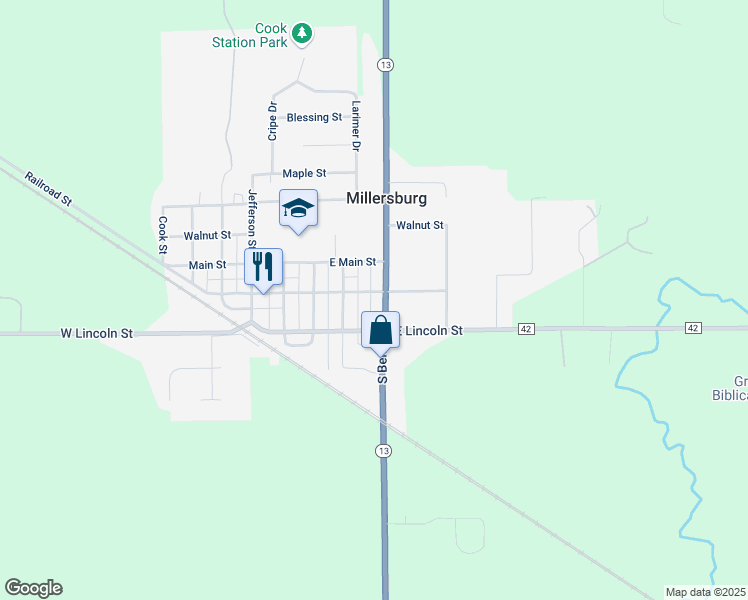map of restaurants, bars, coffee shops, grocery stores, and more near 449 East Washington Street in Millersburg