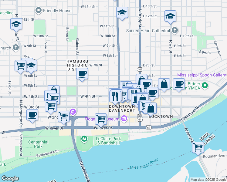 map of restaurants, bars, coffee shops, grocery stores, and more near 320 West 4th Street in Davenport