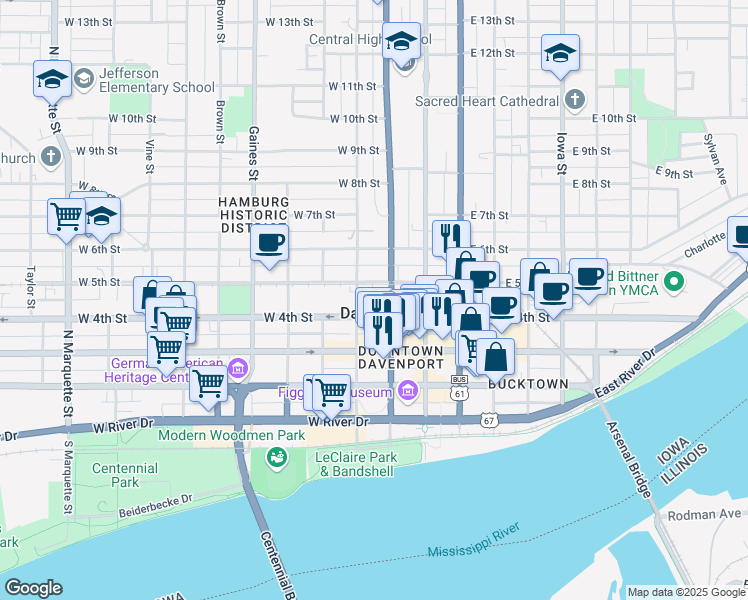 map of restaurants, bars, coffee shops, grocery stores, and more near 300 West 4th Street in Davenport