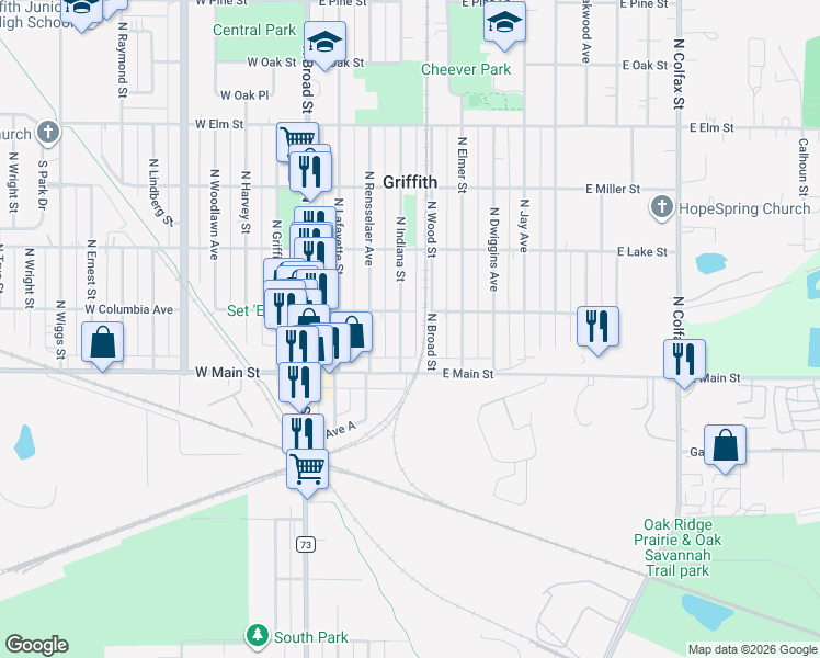 map of restaurants, bars, coffee shops, grocery stores, and more near 126-198 North Wood Street in Griffith