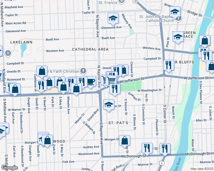 map of restaurants, bars, coffee shops, grocery stores, and more near 711 John Street in Joliet