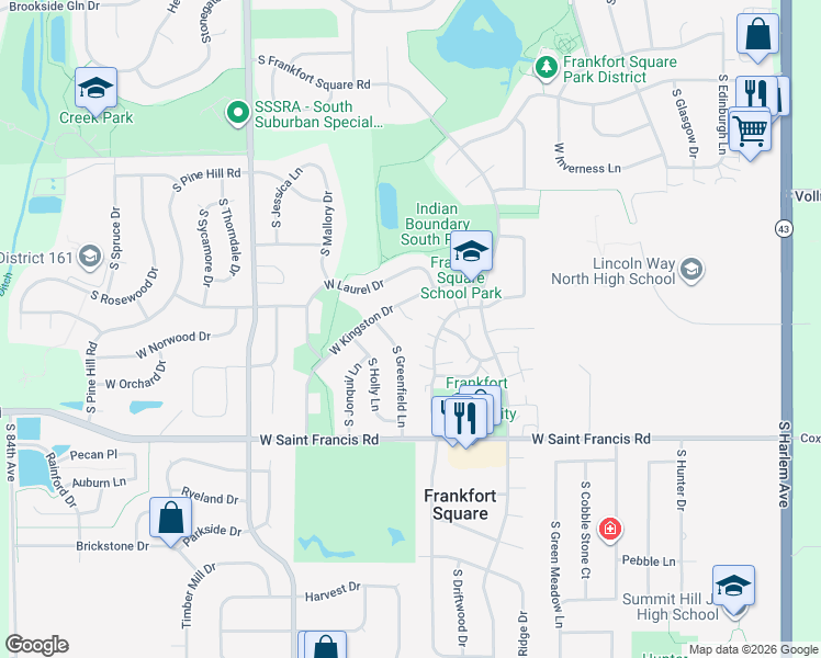 map of restaurants, bars, coffee shops, grocery stores, and more near 20132 South Kingston Court in Frankfort