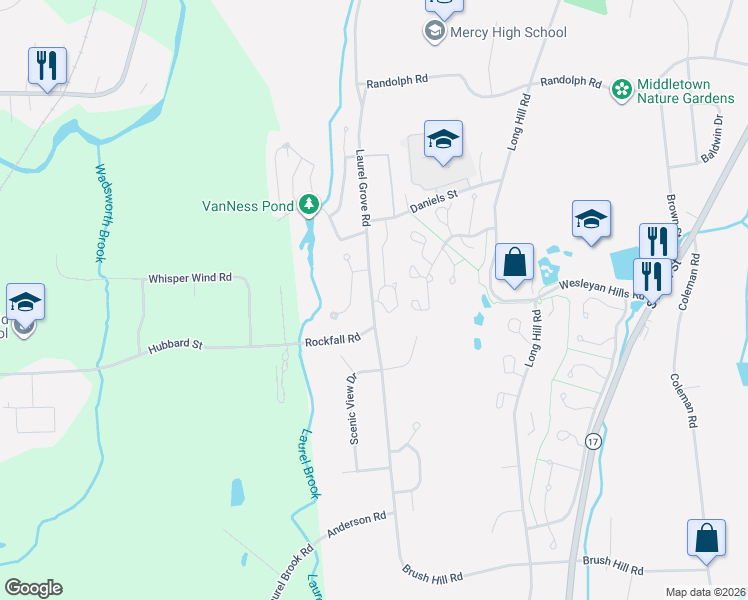 map of restaurants, bars, coffee shops, grocery stores, and more near 73 Red Glen Road in Middletown