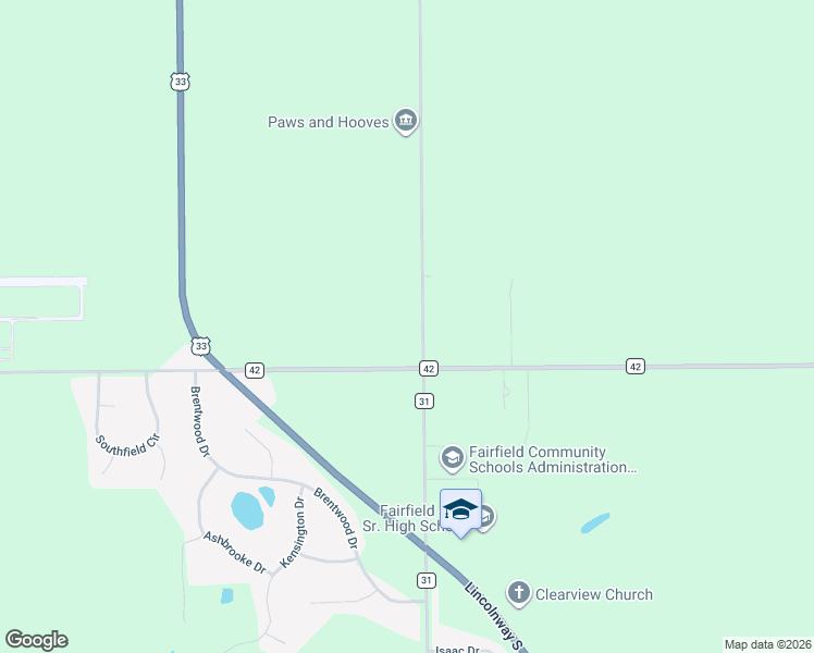 map of restaurants, bars, coffee shops, grocery stores, and more near 66937 County Road 31 in Goshen