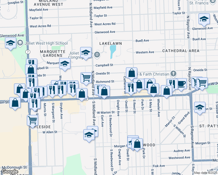 map of restaurants, bars, coffee shops, grocery stores, and more near 1221 John Street in Joliet