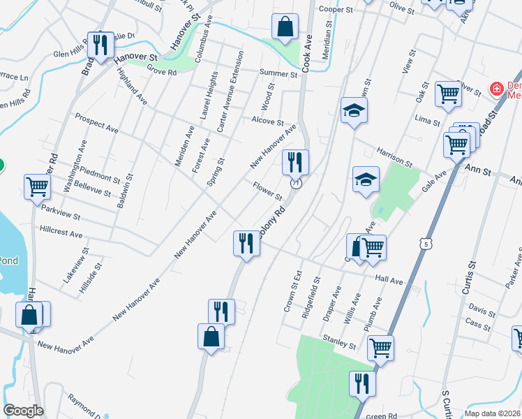 map of restaurants, bars, coffee shops, grocery stores, and more near 14 Lanouette Street in Meriden