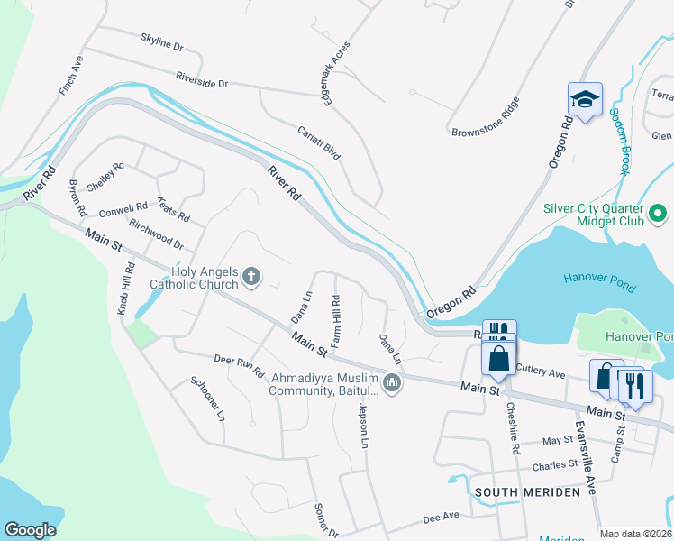 map of restaurants, bars, coffee shops, grocery stores, and more near 189 Dana Lane in Meriden