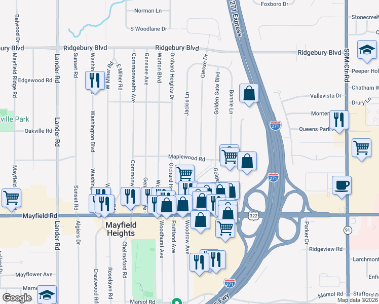 map of restaurants, bars, coffee shops, grocery stores, and more near 1324 Giesse Drive in Mayfield Heights