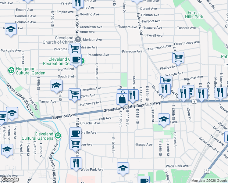map of restaurants, bars, coffee shops, grocery stores, and more near 10916 Hampden Avenue in Cleveland