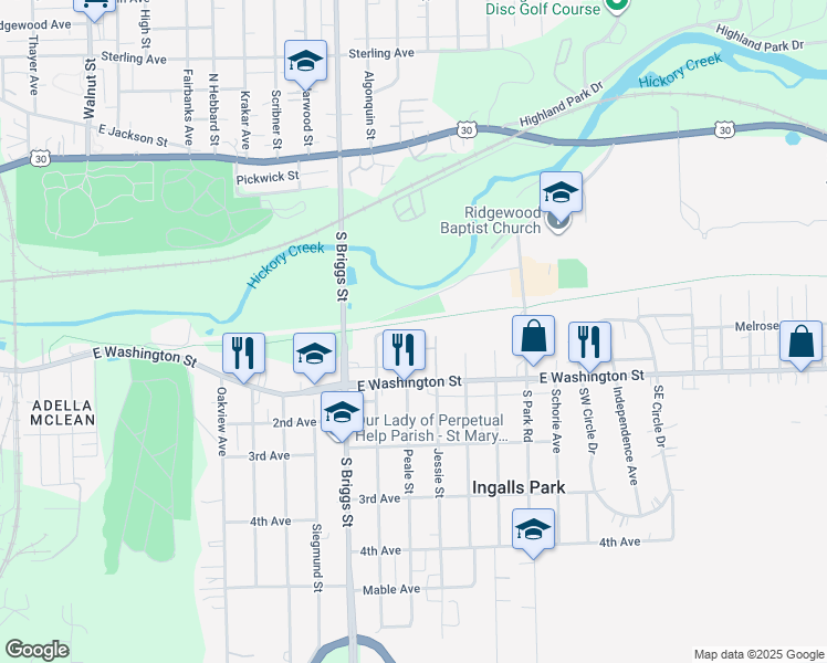 map of restaurants, bars, coffee shops, grocery stores, and more near 2 Peale Street in Joliet
