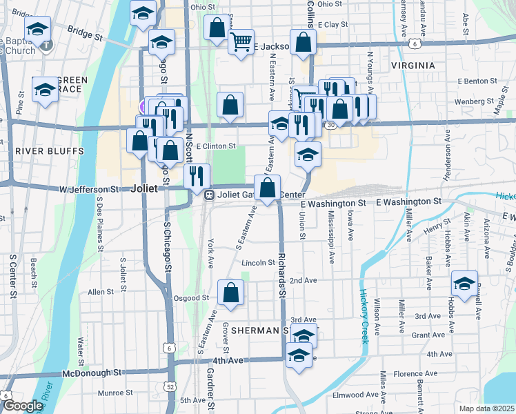 map of restaurants, bars, coffee shops, grocery stores, and more near in Joliet