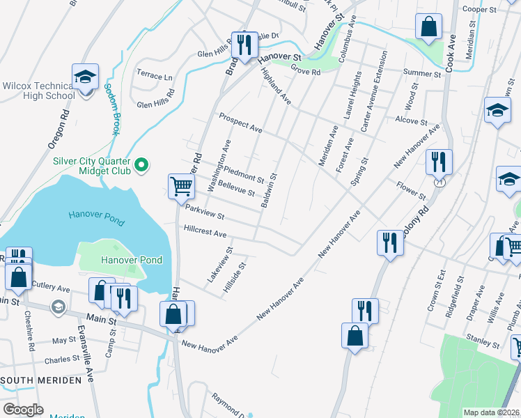 map of restaurants, bars, coffee shops, grocery stores, and more near 132 Harrington Street in Meriden