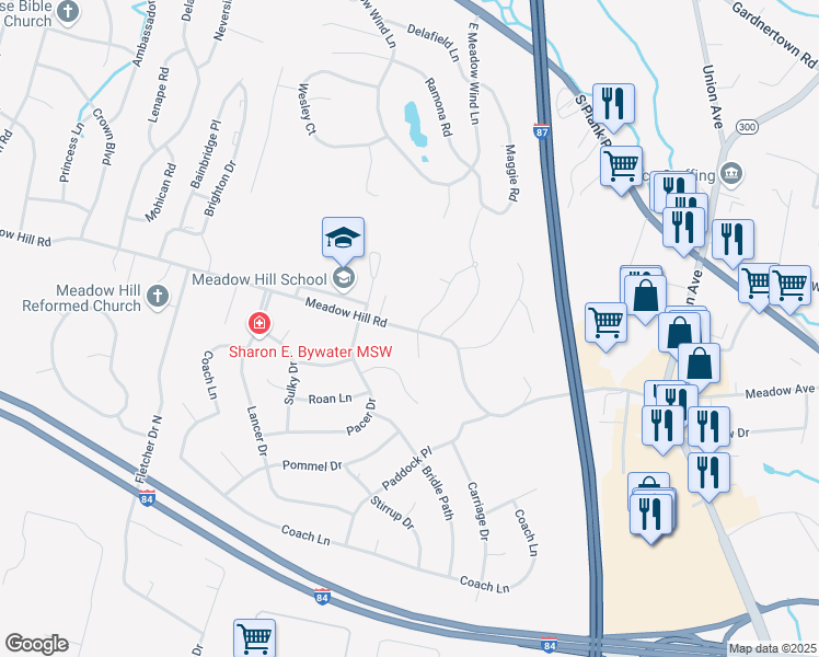 map of restaurants, bars, coffee shops, grocery stores, and more near 100 Meadow Hill Road in Newburgh