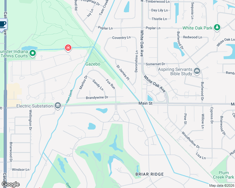 map of restaurants, bars, coffee shops, grocery stores, and more near 10409 Fox Run in Munster