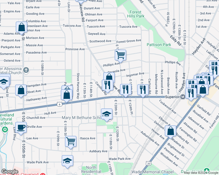 map of restaurants, bars, coffee shops, grocery stores, and more near 11905 Superior Avenue in Cleveland
