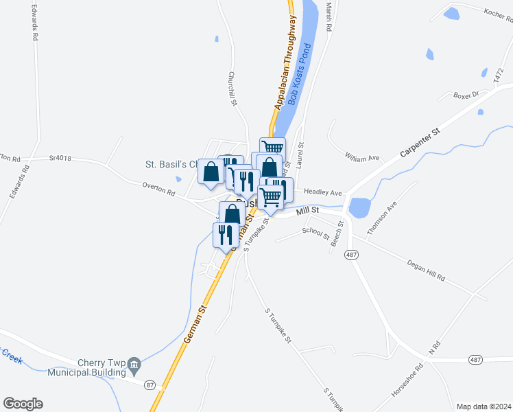 map of restaurants, bars, coffee shops, grocery stores, and more near Route 220 Highway in Dushore