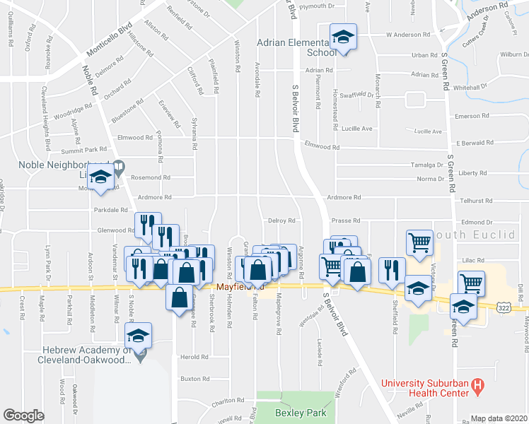 map of restaurants, bars, coffee shops, grocery stores, and more near 1315 Avondale Road in South Euclid