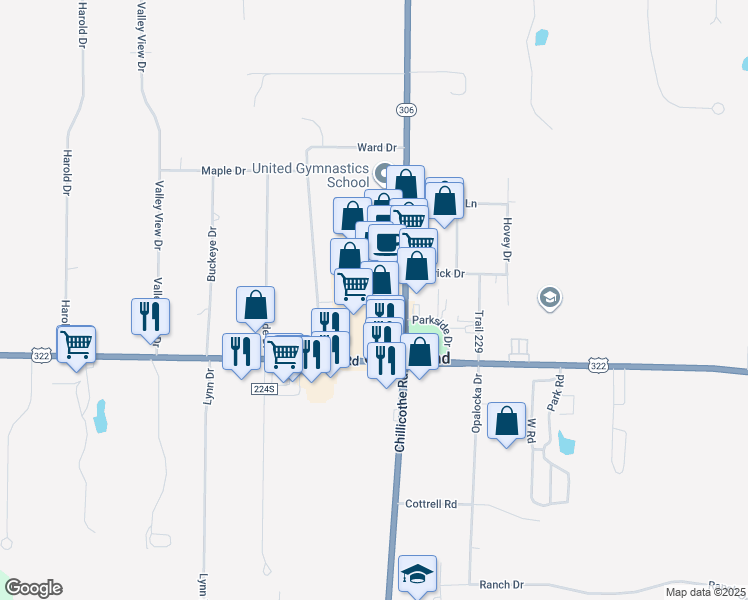 map of restaurants, bars, coffee shops, grocery stores, and more near 12692 Chillicothe Road in Chesterland