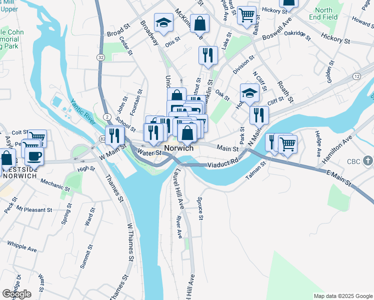 map of restaurants, bars, coffee shops, grocery stores, and more near 1 Franklin Street in Norwich
