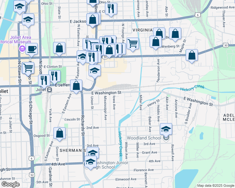 map of restaurants, bars, coffee shops, grocery stores, and more near 456 East Washington Street in Joliet