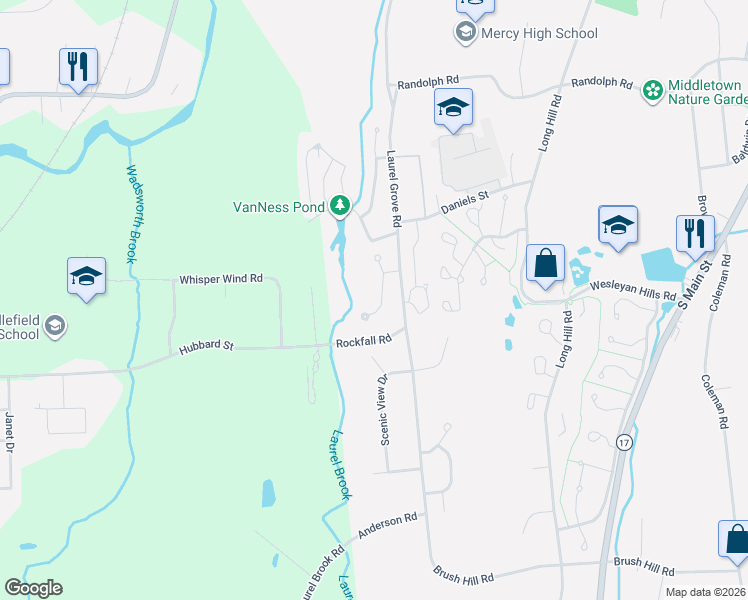 map of restaurants, bars, coffee shops, grocery stores, and more near 73 Red Glen Road in Middletown