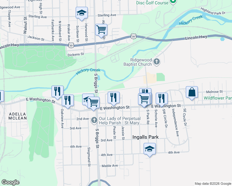 map of restaurants, bars, coffee shops, grocery stores, and more near 2 Peale Street in Joliet
