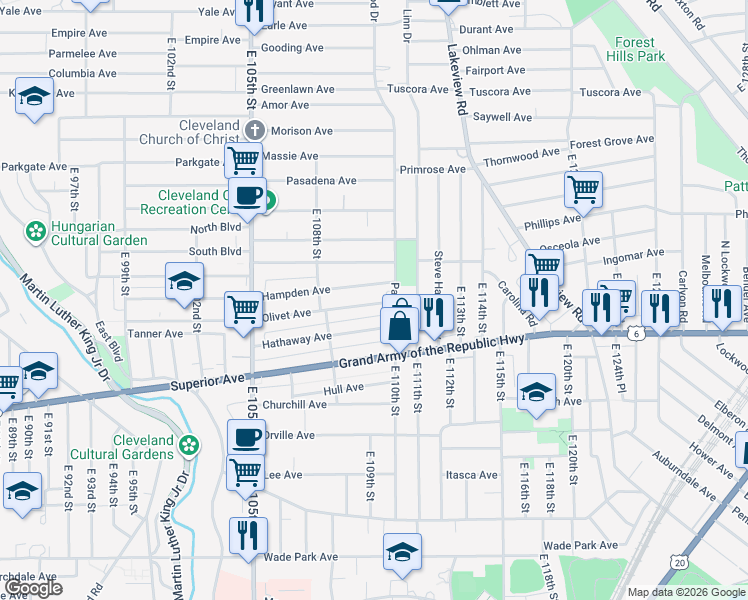 map of restaurants, bars, coffee shops, grocery stores, and more near 10916 Hampden Avenue in Cleveland