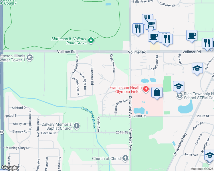 map of restaurants, bars, coffee shops, grocery stores, and more near 4107 Orchard Road in Matteson