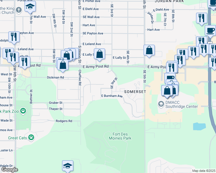map of restaurants, bars, coffee shops, grocery stores, and more near 230 Bundy in Des Moines