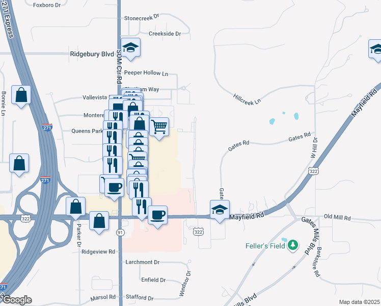 map of restaurants, bars, coffee shops, grocery stores, and more near 6807 Mayfield Road in Cleveland