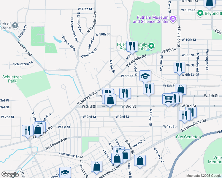 map of restaurants, bars, coffee shops, grocery stores, and more near 2143 West 5th Street in Davenport