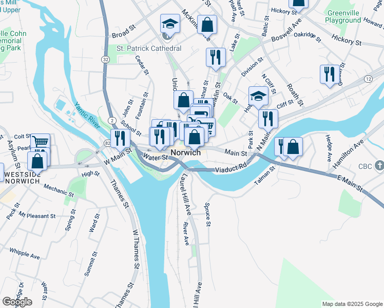 map of restaurants, bars, coffee shops, grocery stores, and more near 201 Main Street in Norwich
