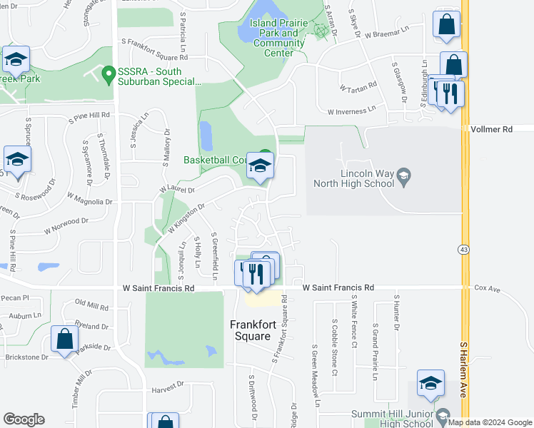 map of restaurants, bars, coffee shops, grocery stores, and more near 20108 South Frankfort Square Road in Frankfort