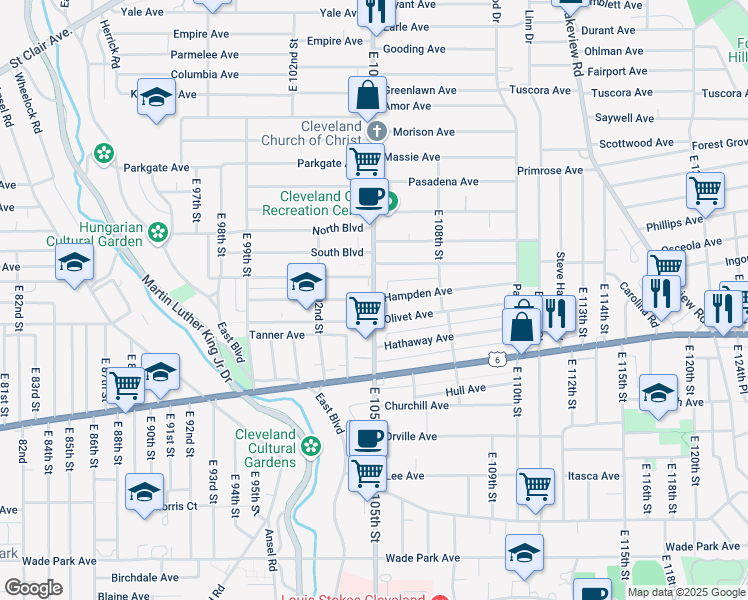 map of restaurants, bars, coffee shops, grocery stores, and more near East 105th Street & Hampden Avenue in Cleveland