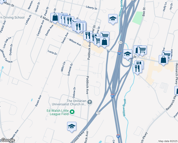 map of restaurants, bars, coffee shops, grocery stores, and more near 144 Paddock Avenue in Meriden