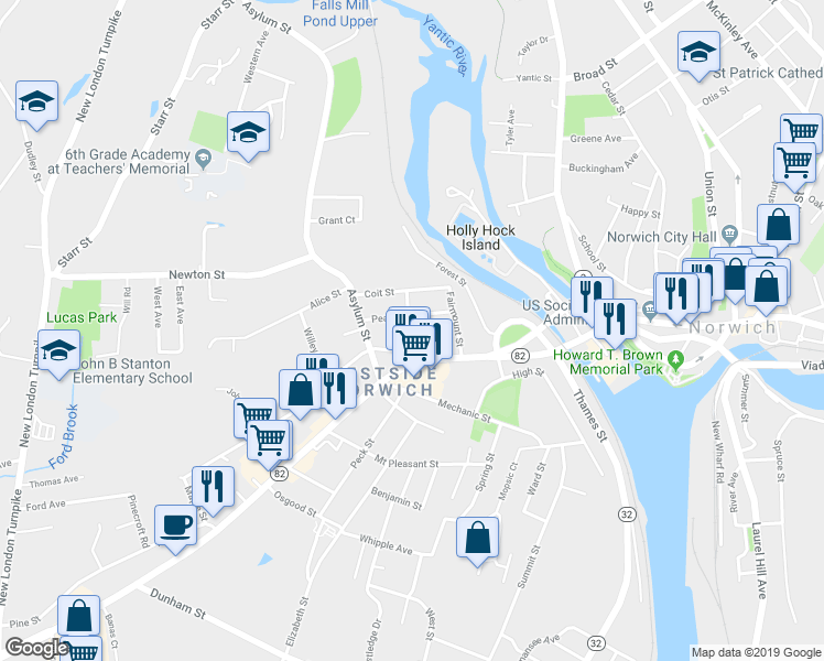 map of restaurants, bars, coffee shops, grocery stores, and more near 19 Ann Street in Norwich